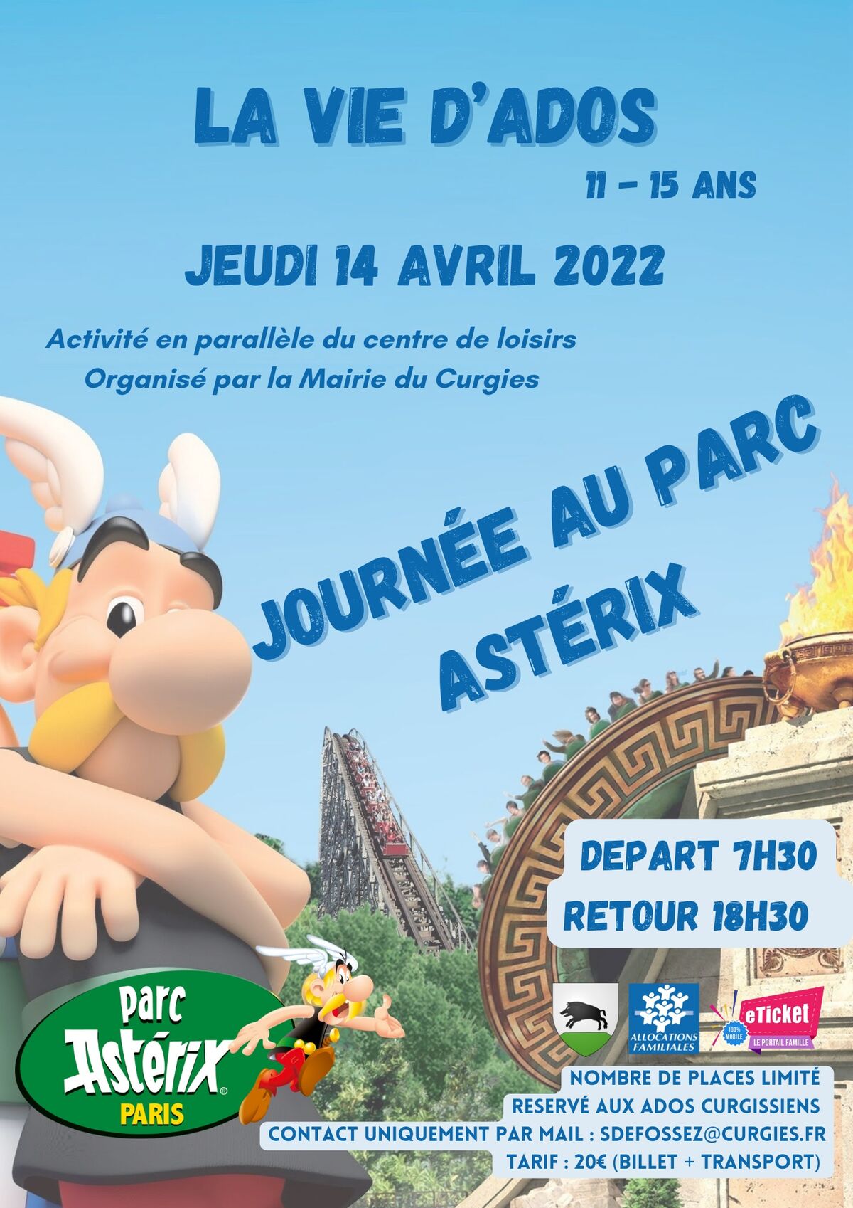 Tu es collégien, tu habites à Curgies? Viens avec nous au Parc Astérix le  14 avril - Curgies